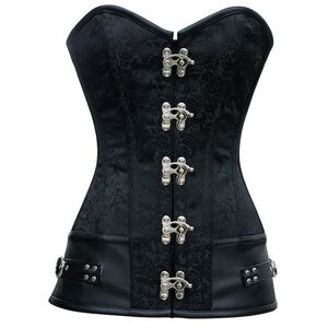 BLACK SATIN GOTHIC OVERBUST CORSET WITH ORNATE CLASPS AND TRIM